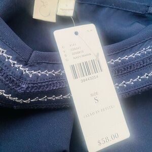 -ANTHROPOLOGIE-(S) MARINE BLUE CAMI TOP W/SPAGHETTI STRAPS AND WHITE EMBROIDERY